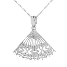 925 Sterling Silver Cut Out Japanese Handheld Folding Hand Fan Pendant Necklace
