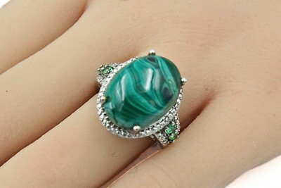 STS Karis Signed Contemporary Green Malachite Cab Rhodium Plate Ring Sz 7