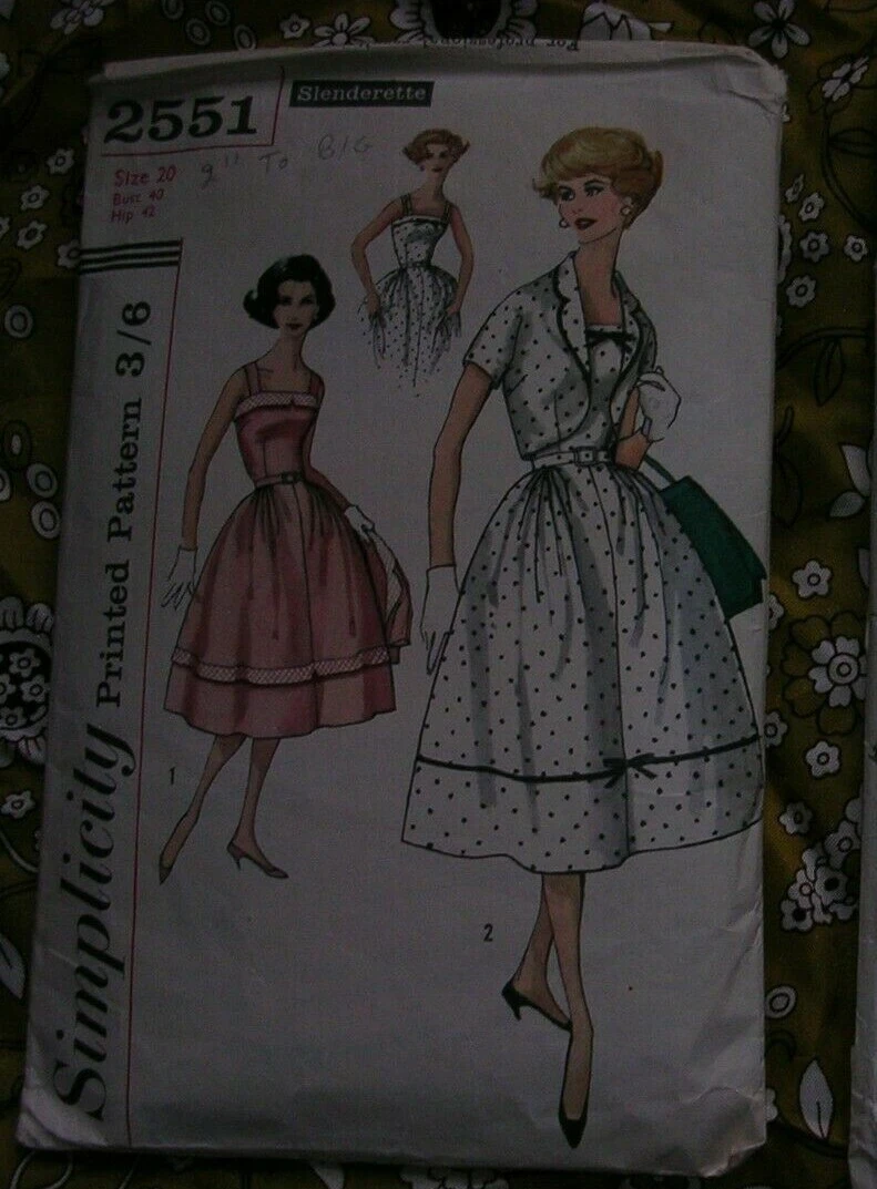 vintage Simplicity sewing pattern 2551 1950s dress and jacket full skirt 40"