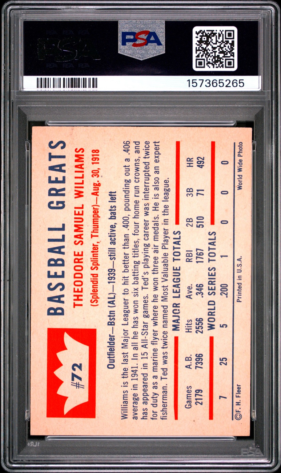 1960 FLEER #72 TED WILLIAMS PSA 7 view 2