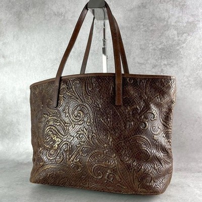 Etro Margot Paisley Python Embossed Leather Tote Shoulder Bag Brown Auth