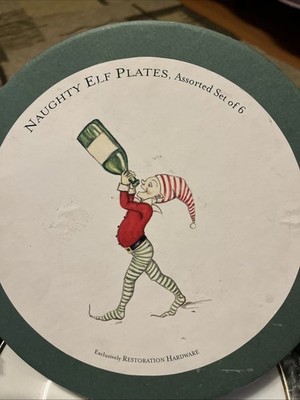 Set of 6 Restoration Hardware Christmas Naughty Elf Assorted Plates In Box 7.5 
