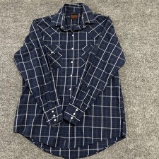 Plains Western Wear Shirt Mens Size M Navy Blue Plaid Pearl Snap Cowboy Yoke