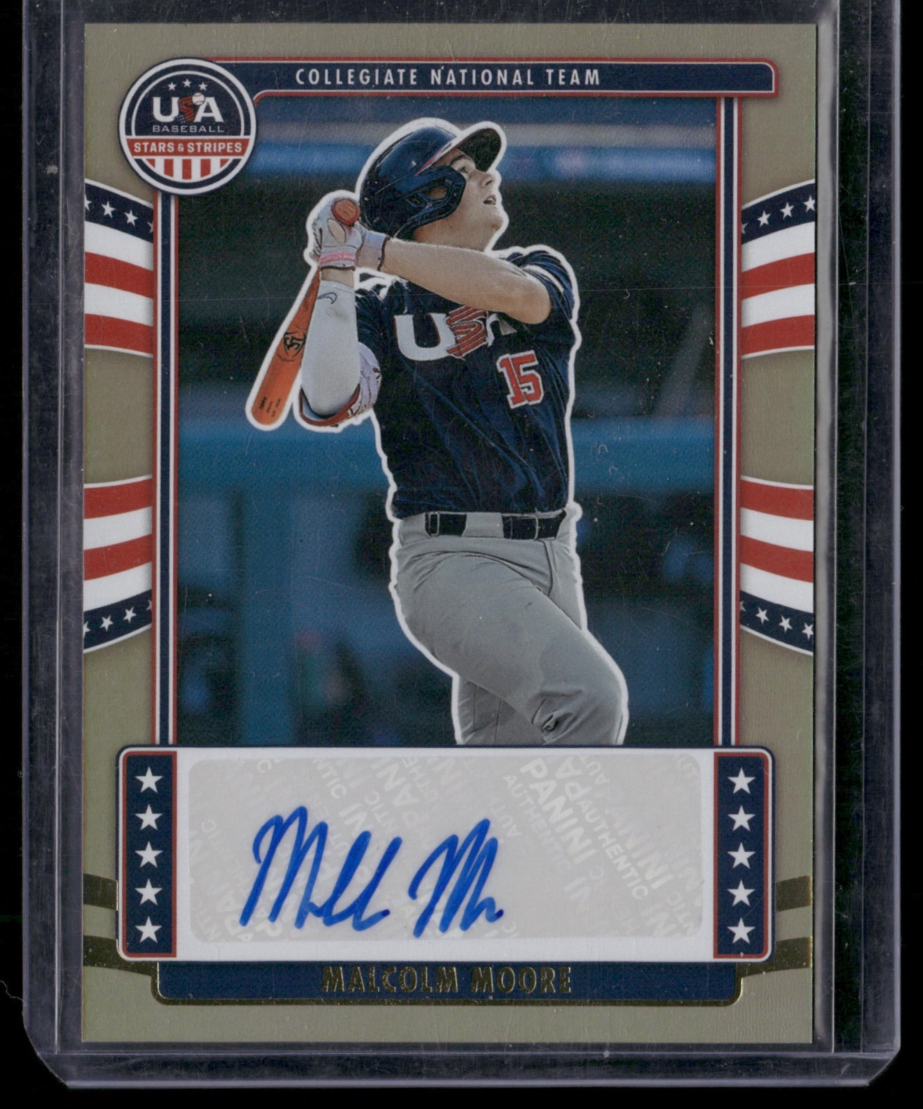 Malcolm Moore 2024 Panini USA Stars & Stripes NTS-MM Gold Auto /10 Rangers 