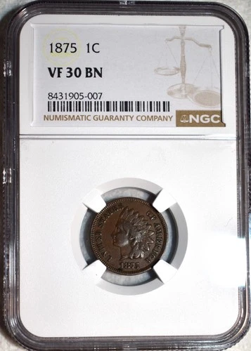 NGC VF-30 BN 1875 Indian Head Cent, Razor-Sharp, Tougher Date specimen.