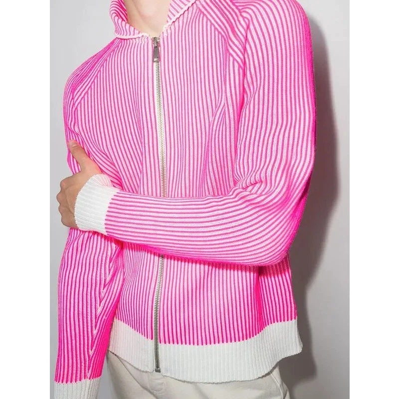 ERL Ribbed Knit Zip Up Cardigan Wool Hot Pink White Sz L NWT $445 {L16}