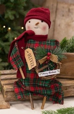 Primitive Christmas Oliver the Snowman Doll 14" Red Green Plaid Homespun NEW