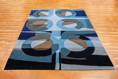 Tapis abstraits touffetés à la main 100 % laine tapis bleu tapis de salon mod... - Photo 1/4