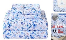 Floral Sheets, Microfiber Blue Flower Printed Fitted Blue Butterfly Queen