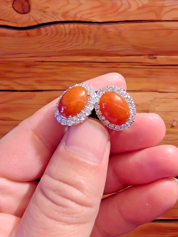 $350+ GRAN NARANJA JADE Hoja de Jadeíta Colgantes Plata 925 Pendientes con Incrustación de Diamantes Foto 2 de 4