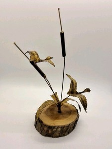 MCM Brass Birds w/Cattails in Flight Decor on Wood Base