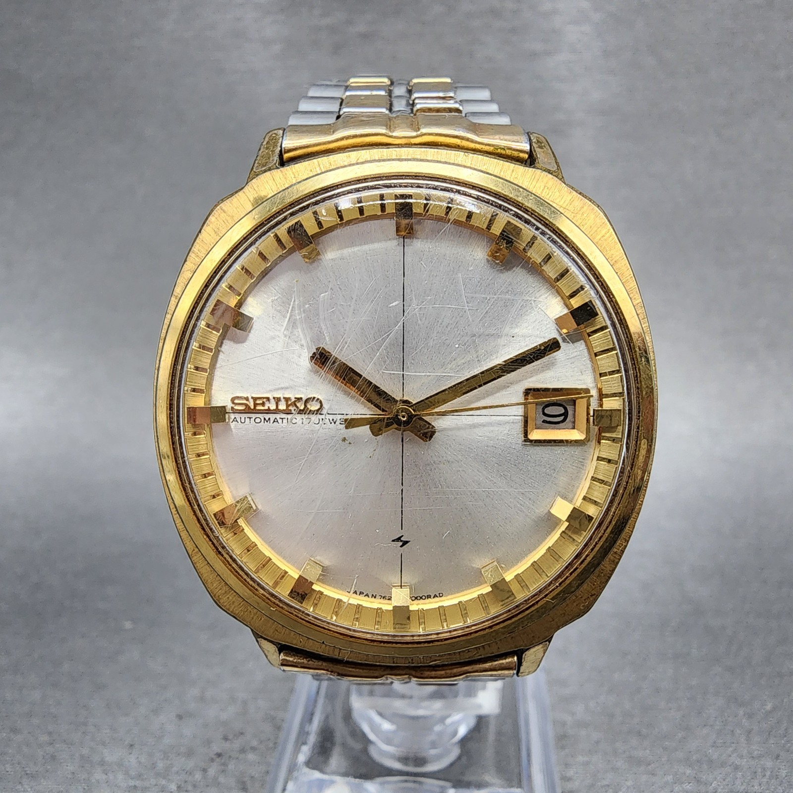 Seiko Automatic Watch Men 36mm Silver Dial Gold Tone Date 7625-7010 Runs