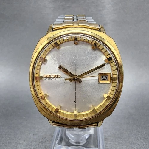 Seiko Automatic Watch Men 36mm Silver Dial Gold Tone Date 7625-7010 Runs