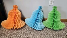 Lot of 3 Vintage Honeycomb Bell Decoration Green Pink Peach Large 14.5"