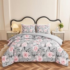 3 Pieces Pink and Grey Comforter Set Queen Size, Floral Bedding Sets with Pin...