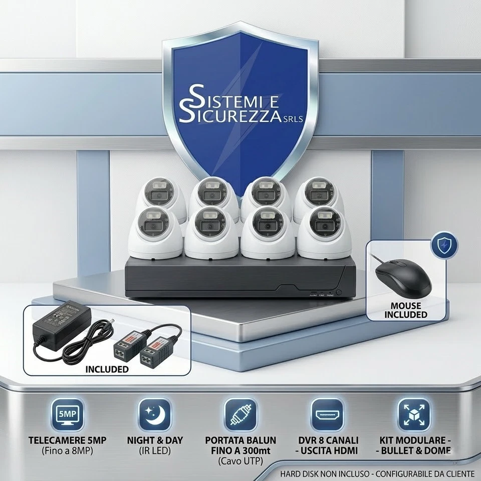 Kit Videosorveglianza 8 Canali FULL HD HDMI + Telecamere 5MP Bullet Dome + Balun - Immagine 1 di 1