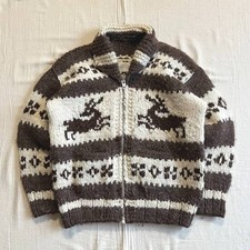 Vintage Cowichan Wool Jacquard Full Zip Short Cardigan Reindeer Fair Isle