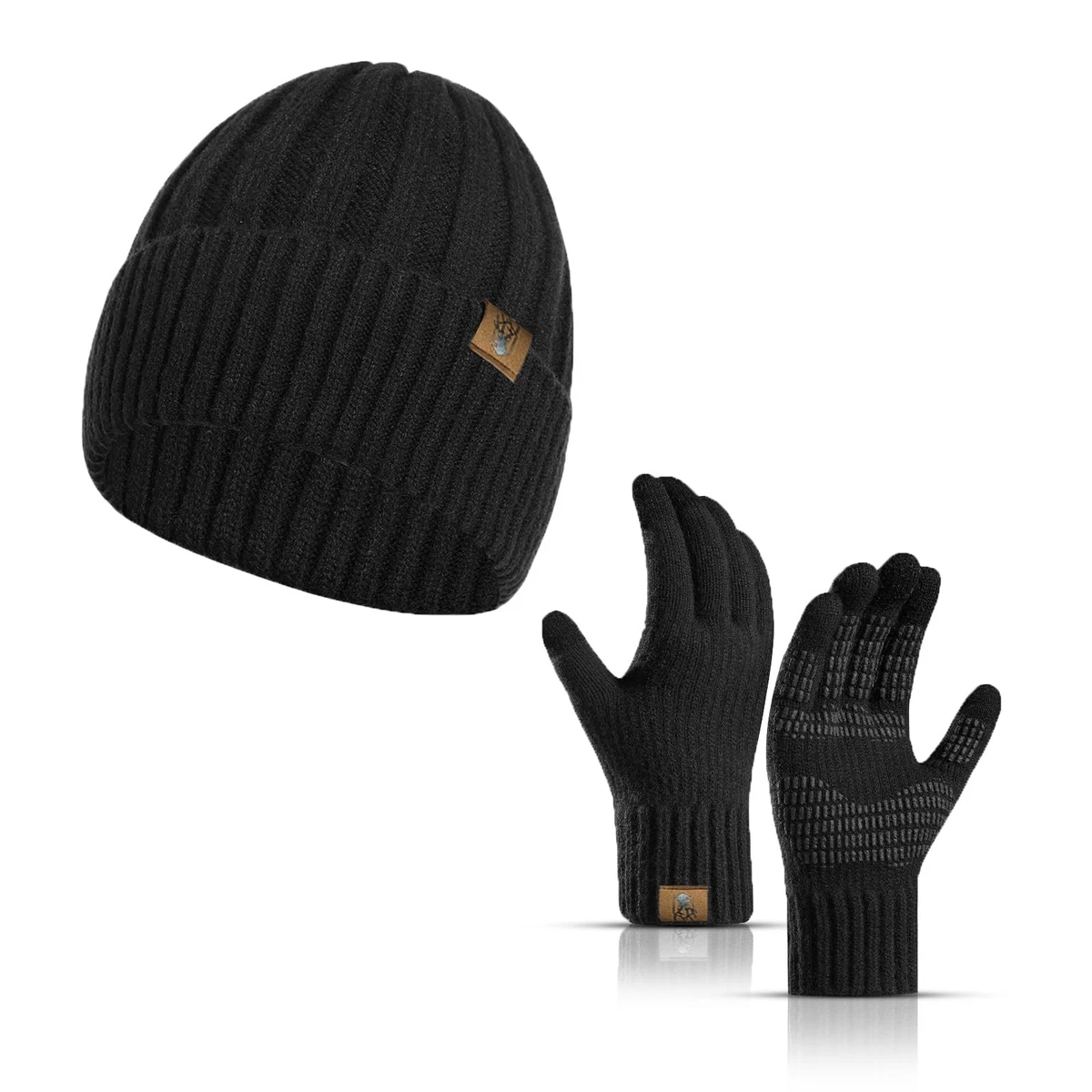Thermal Knitted Beanie Hat & Touchscreen Gloves Set – Black