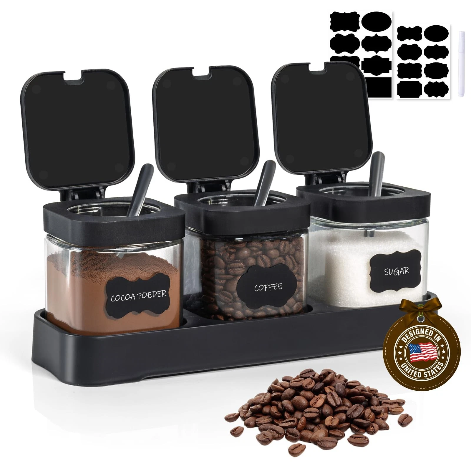 3 Pcs Glass Coffee Containers Set - Coffee Station Storage with Lids, Spoons,...
