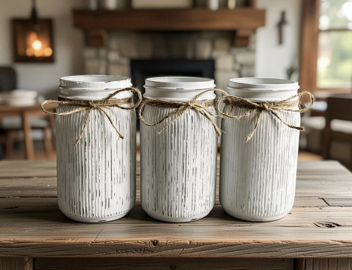 Set of 3 white chalk painted distressed farmhouse style jar vases