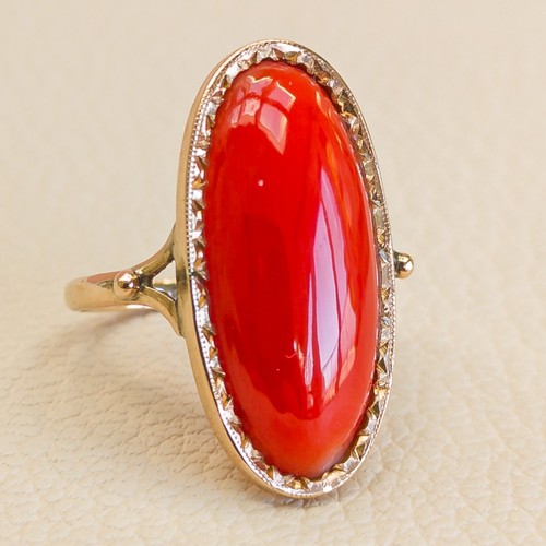14k Gold Mediterranean Coral Cabochon Ring