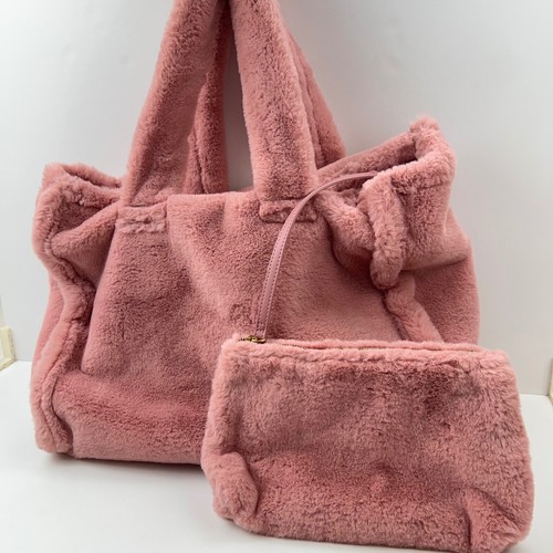 ANTHROPOLOGIE Beuteltasche Tasche Kunstfell mit Clutch Rouge Rosa Fuzzy Weekender Tasche EUC - Bild 10 von 24
