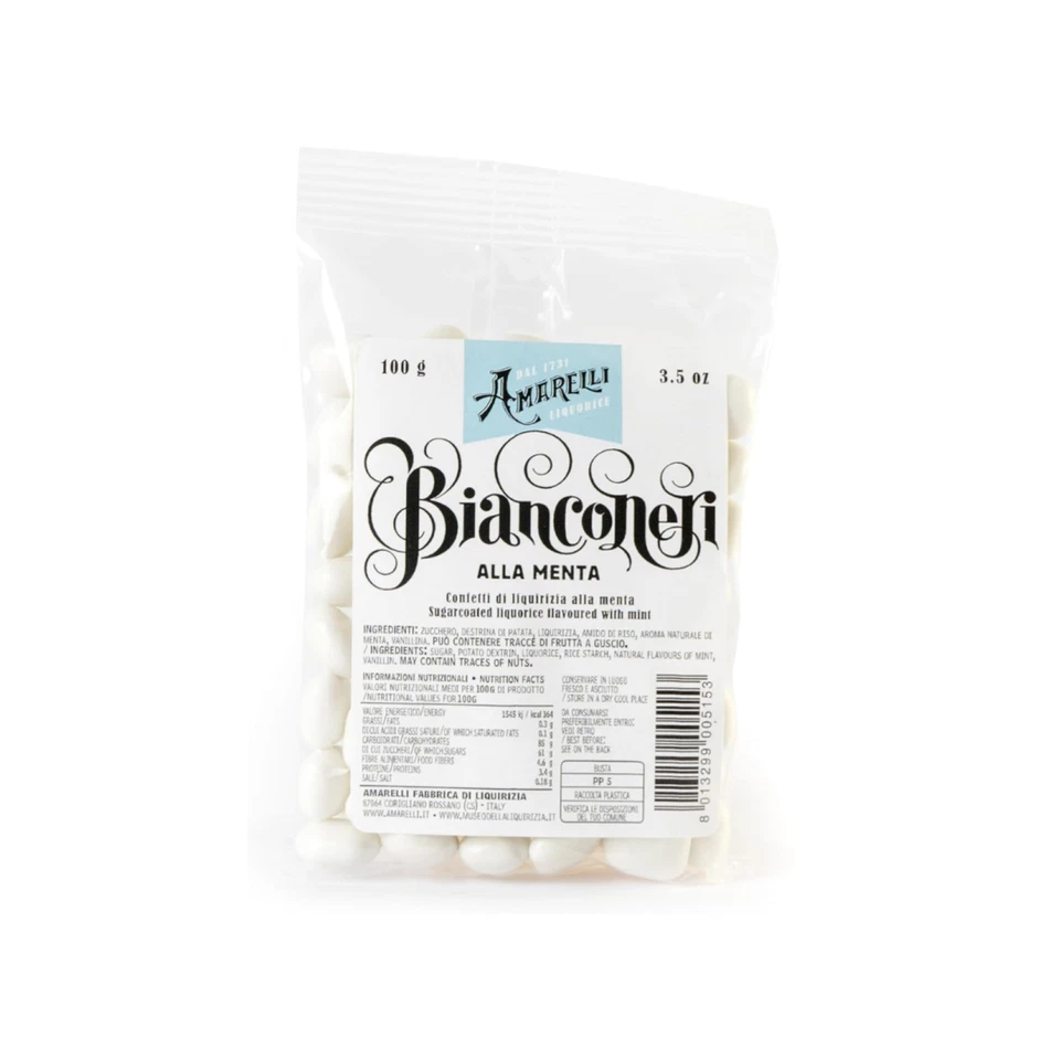 Confetti di Liquirizia Amarelli Bianconeri alla Menta Sacchetto da 100 g