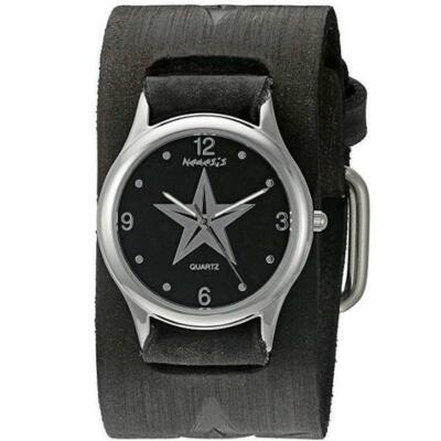 Nemesis Black Vintage Punk Rock Star Watch with Embossed Star Leather Cuff Band
