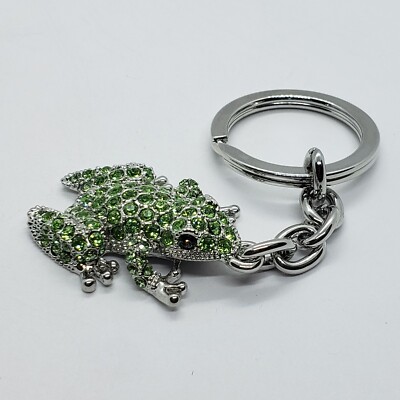 Jeweled Frog Key Chain Crystal Key Ring Green Peridot Colored 3 1