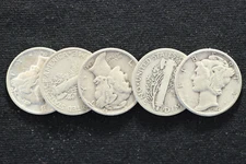 Lot of 5 Mercury Dimes 90% Silver Readable Dates 1916-1945 - FREE SHIPPING!