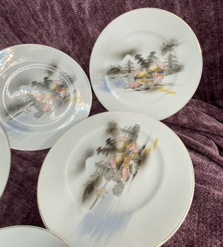 5 Handpainted Kutani Japan 7.5" Salad Plates Mount Fuji w/ Waterfront Village - Picture 10 of 17