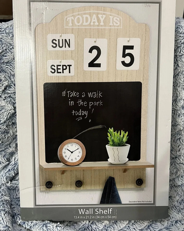 Chalkboard Calendar Wall Decor Display Shelf W/4 Hooks LARGE Wall-Mounted Wood - Image 2 of 4