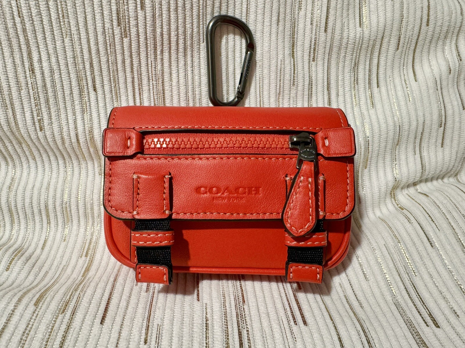 New COACH Micro Track Key Fob Gunmetal Miami Red Attached Carabiner Clip C9981