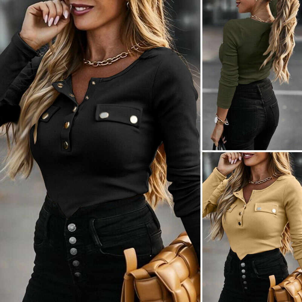 Size Womens Ladies Slim Knit Button Neck Knitted Jumper Shirt Top Winter Sweater
