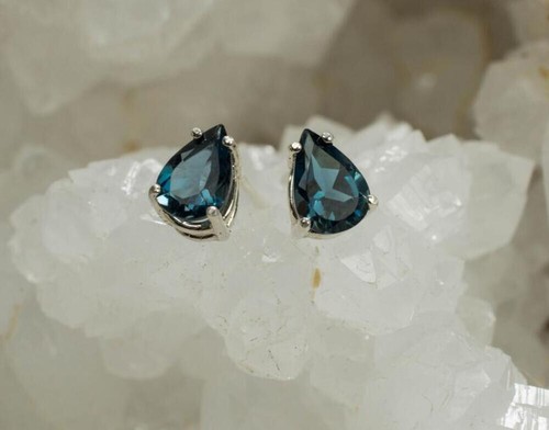 1Ct Pear Cut Lab-Created London Blue Topaz Stud Earrings in 14K White Gold Over - Picture 4 of 8