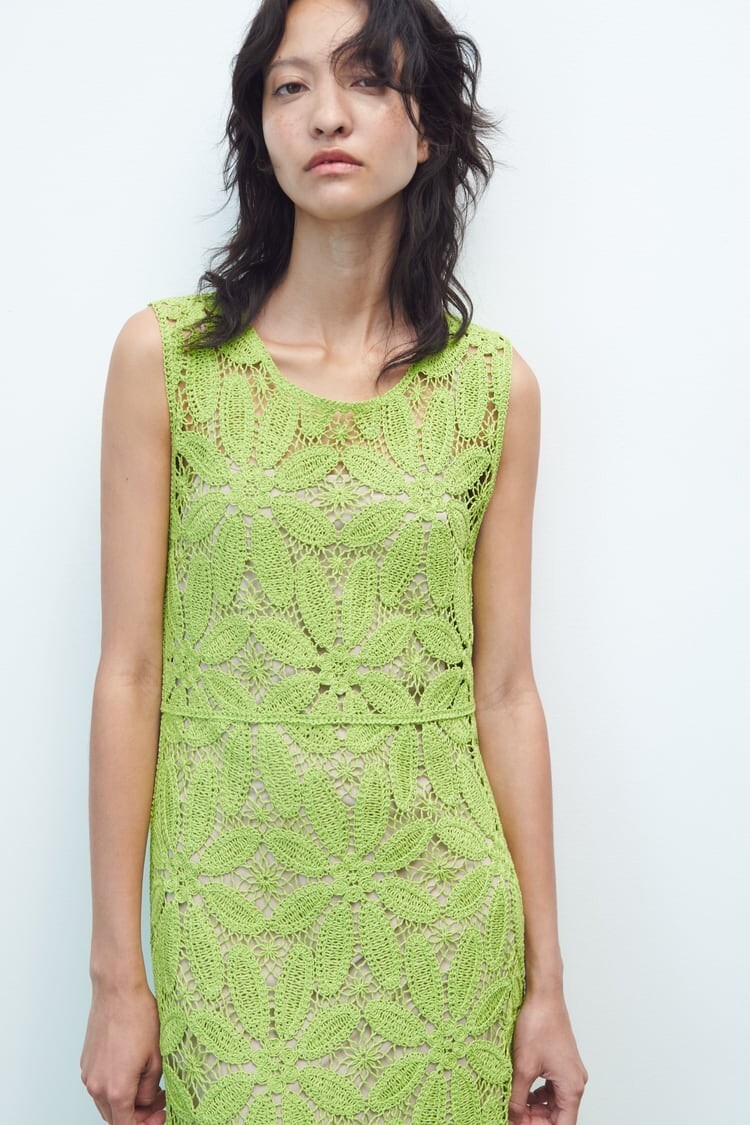 NKNIT macrame 2WAY dress グリーン ZARA NWT size S, M LIGHT GREEN MACRAMÉ CROCHET KNIT MIDI