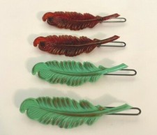 Set of 4 Vintage Plastic Feather Hair Barrettes Green and Brown