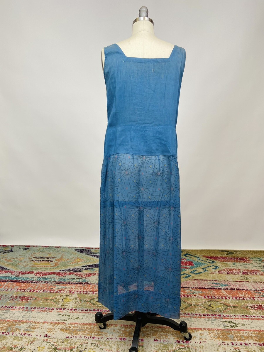 Vintage 1920s Art Deco Cotton Printed Dress Drop Waist Blue with Slip AS IS  | eBay