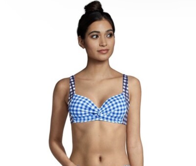 Draper James x Lands End Womens Bikini Swim Top Size 4 Blue Checkered Twist NEW