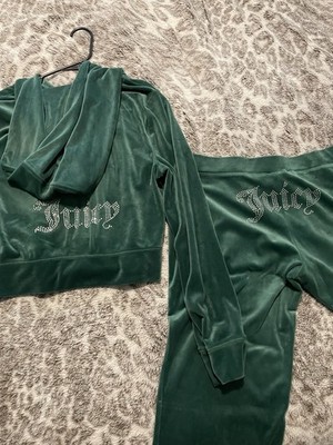 Juicy Couture Green Velour 2pc Tracksuit Full Zip Hooded Hoodie Pants L