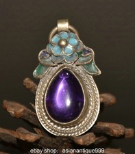 1,8" Alte Silber Cloisonne Inlay Edelstein Blumen Muster Schmuck Anhänger