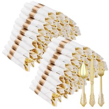 100 Pack Gold Plastic Silverware with Pre Rolled Napkins for 100 Guests, Heav...