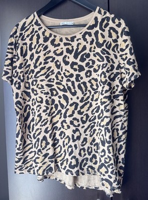Zara Women's XL Leopard Print T-Shirt 100% Cotton Asymmetrical High-Low Hem EUC