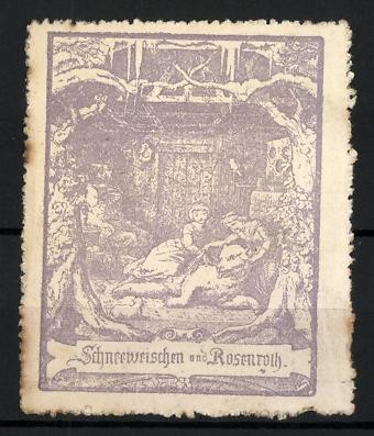 Advertising stamp snow white and rose red, fairy tale illustration 