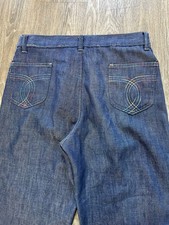 Vintage 60s 70s 80s Rainbow Stitch Denim Poly Hippy Jeans Pants 28x28 Flare Bell
