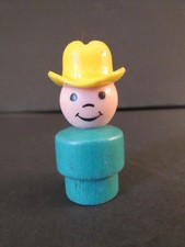 Vintage Fisher-Price Little People Teal Wood Cowboy-Farmer Yellow Hat No Scarf