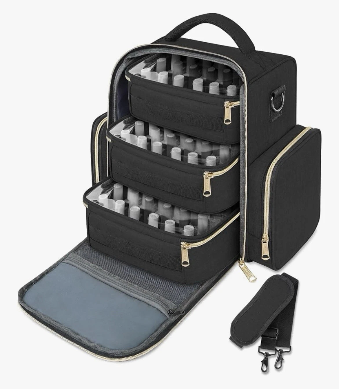 Nail Polish Organizer, Black, Holds 72 Bottles, 3 Removable Pouches, Carry Strap