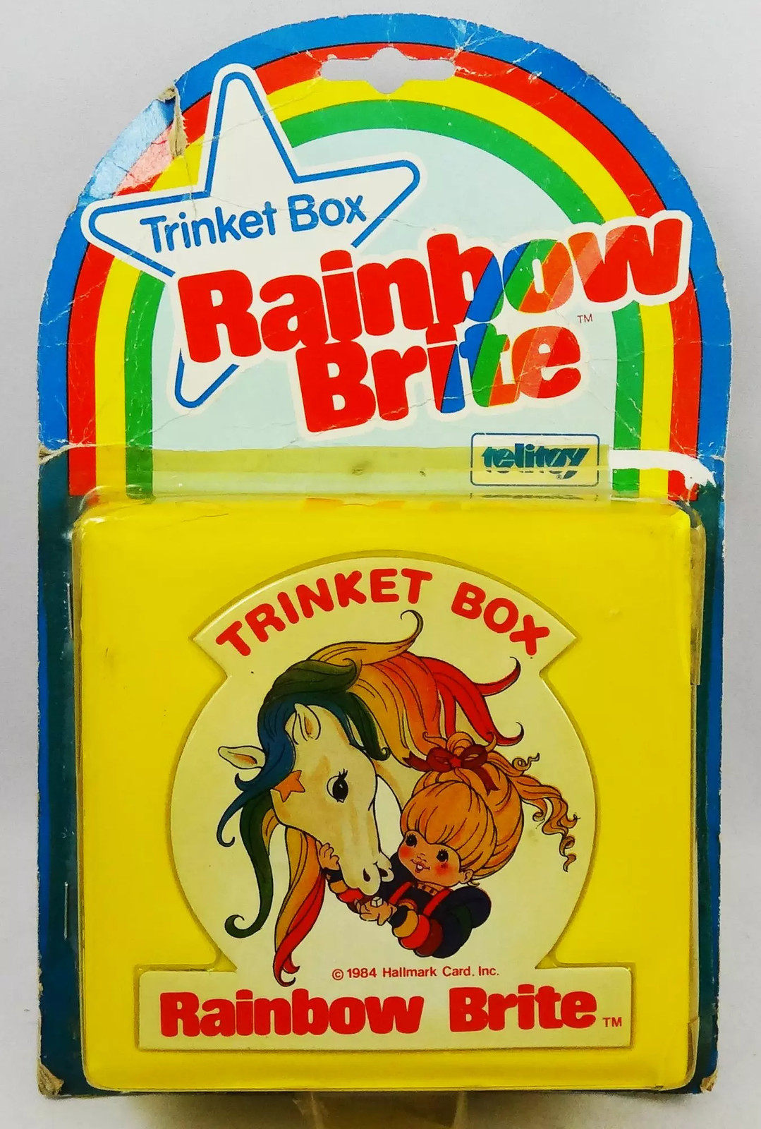 Boite à babioles Rainbow Brite Hallmark 1984 vintage en plastique jaune