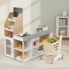Pretend Supermarket w/ Shopping Cart Kids Grocery Store Playset Wooden