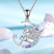 Elegant 925 Sterling Silver Rhinestone Unicorn Fashion Jewelry Pendant Necklace